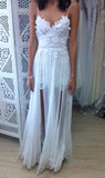 Stunning Backless White Lace Boho Spaghetti Straps Chiffon Beach Lace Lining Wedding Dress