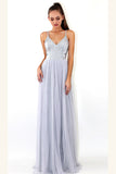 Spakle Gray A Line Deep V Neck Spaghetti Sleeveless Open Back Prom Dresses