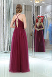 Burgundy A Line Floor Length Deep V Neck Sleeveless Side Slit Prom Dresses