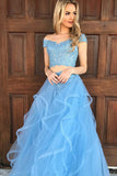 Blue A Line Floor Length Off Shoulder Short Sleeve Appliques Beading Prom Dresses