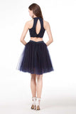 Navy Blue Two Piece Halter Sleeveless Beading Short Homecoming Dresses