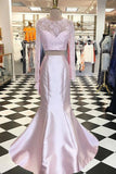 Pink Two Piece Trumpet Sweep Train Long Sleeve Keyhole Back Lace Prom Dresses