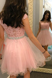 Pink Sheer Capped Sleeve Tulle Appliques Beading Short Homecoming Dresses