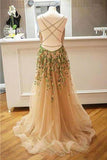 Criss Cross Back Appliqued Tulle Prom Dress P3C9JEE1