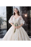 Princess Half Sleeve Ball Gown Wedding Dresses Appliques V Neck Bridal STIPYYC62LK