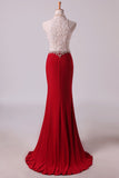 2024 Hot High Neck Prom Dresses Sheath Lace & Spandex Sweep P836RFS3