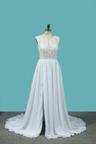 2024 A Line Chiffon High Neck Wedding Dresses With Beads And Slit PXABS871