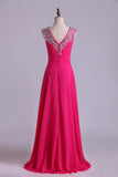 2024 Graceful Beaded&Ruffled Prom Dress V Neck Chiffon Floor PKCPFEZB