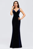 V-Neck Spaghetti Straps Velvet Dark Navy Blue Mermaid Evening Dress, Prom Dresses STI15480