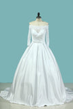 2024 Boat Neck Wedding Dresses Mid-Length Sleeves Satin P62F99QB