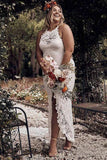 Charming Sheath Lace Bridal Gown with Slit Open Back Ivory Boho Wedding Dresses STI15124