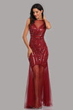 See Through Burgundy Mermaid Bateau Prom Dresses with Beading Tulle Party Dresses STI15324