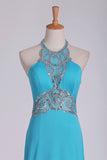 2024 Spandex Sheath Prom Dresses Halter With Beading PX2T545L