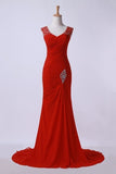 2024 Prom Dresses Off The Shoulder Pleated Bodice Sheath/Column Beaded Court PASYMGMK