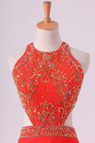 2024 Prom Dresses Scoop A Line Orange Red Chiffon With Beading Sweep PQR7AERZ