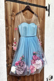 Unique Long Sleeve Blue Short Prom Dresses With 3D Appliques, Homecoming Dress STI15604