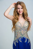 2024 Dark Royal Blue Two-Tone Mermaid Prom Dresses V-Neck Beaded Bodice Satin & P7MXNZD1