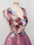 Elegant A line Burgundy Tulle Flower Prom Dresses Scoop Appliqued Party Dresses STI15144