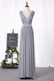 2024 Evening Dresses A Line V Neck With Ruffles And Sash Floor P91SPHQG