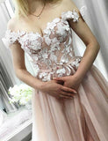 A Line Off the Shoulder Sweetheart Beads Tulle Pink Prom Dresses with Applique STI15007