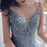 Spaghetti Straps Blue Gray Tulle V Neck Long Ruffles Prom Dresses with Lace Applique STI15411