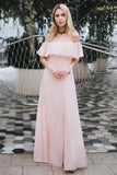 Charming Off Shoulder Ruffle Pink Chiffon Long Prom Dresses Bridesmaid Dresses STI15114