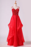 2024 Spaghetti Straps Prom Dresses A Line Beaded Bodice Floor PLSDLXMJ