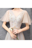 Elegant V Neck Floor Length Tulle Prom Dress PJNRTXQ3