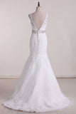 2024 V-Neck Wedding Dresses Mermaid/Trumpet Tulle With Embroidery And Beads PCK5E6BA