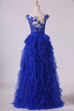 2024 Dark Royal Blue Bateau A Line Evening Dresses With Applique PQ2M2EJ8