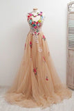 A Line Straps Appliqued Prom Dress Cheap Sweep Train Tulle P6KKMCYF