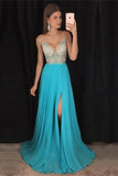 Modest V-Neck Long A-Line Beading Chiffon Prom Dresses P4B9S666