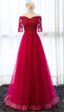 Elegant Half Sleeve Tulle Appliques Sweetheart Red A-Line Floor-Length Prom Dresses