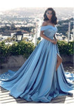 Off The Shoulder Blue Satin Long Modest Prom Dresses PKGBACKD