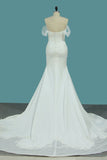 2024 Wedding Dresses Mermaid Satin Off The Shoulder With Applique And Beads PGMN39D2