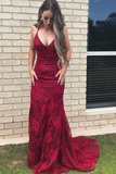 Elegant Straps V Neck Lace Mermaid Long Evening Dresses Prom STIPS1EG38N