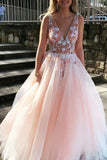 V Neck Sleeveless Tulle Prom Dress With Flowers PNGZKGHB