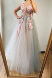 A line V neck Beads Pink Long Tulle Prom Dresses With Floral, Formal Dresses STI15038