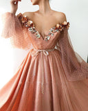 Stunning Long Sleeve Sexy Off the Shoulder Tulle Beading Prom Dresses V Neck Party Dresses STI15436