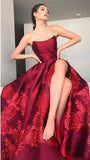 Unique A Line Strapless Burgundy Satin Prom Dresses with Appliques, Formal Dresses STI15454