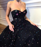 Elegant A Line Sweetheart Strapless Black Tulle Prom Dresses with Beading STI15578