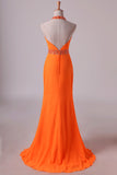 2024 Prom Dresses Halter Sheath Chiffon With Beads And Ruffles Floor PAMEJP6D