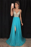 Modest V-Neck Long A-Line Beading Chiffon Prom Dresses P4B9S666