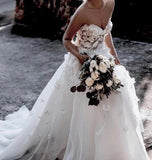 Charming Ball Gown Sweetheart Strapless 3D Flowers Tulle Off White Wedding Dresses STI15095