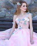 Princess Ball Gown Sweetheart Pink One Shoulder Prom Dresses, Quinceanera Dresses STI15296