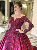 Ball Gown Long Sleeves Burgundy Satin Beads Prom Dresses with Appliques, Quinceanera Dress STI15498