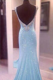 Largos Pretty V-Neck Sleeveless Sequins Mermaid Backless Floor-Length Long Prom Dresses