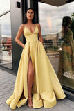 Simple A Line Yellow Spaghetti Straps Satin Prom Dresses with Slit, Party Dresss STI15386