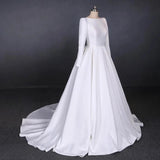 Ball Gown Long Sleeve White Satin Wedding Dresses, Long Simple Wedding Gowns STI15060