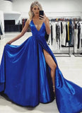 Spaghetti Straps Royal Blue V Neck Satin Prom Dresses with High Slit, A Line Formal Dresses STI15419